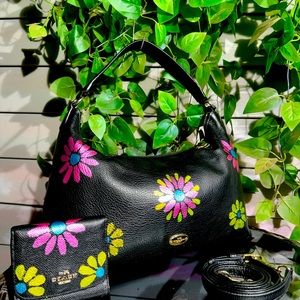 Multicolored Metallics & Black Floral Leather Large Coach Purse & Wallet